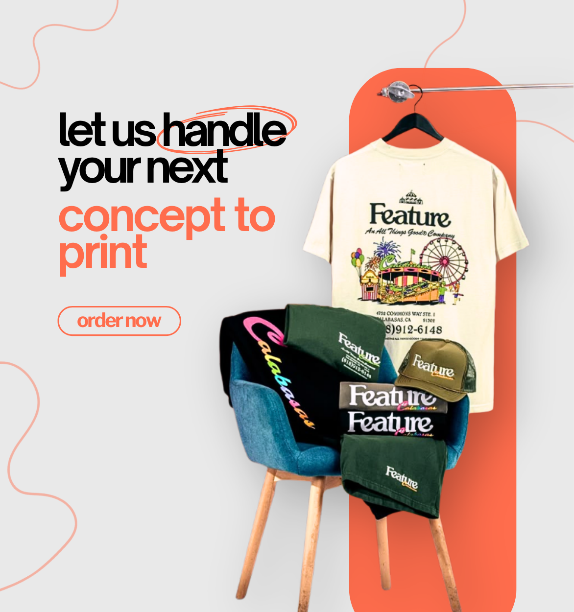 Promotional graphic for printing services with t-shirts, hats, and a jacket on a stand.
