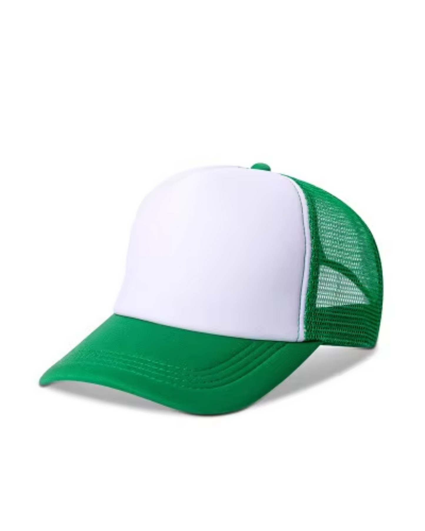 Green and white trucker cap on a white background