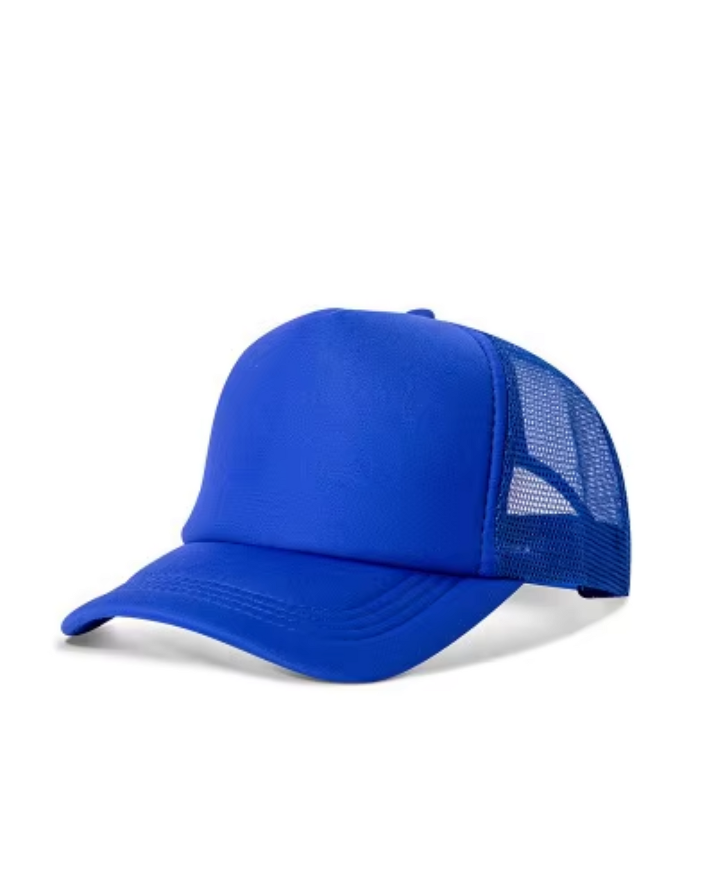 Blue trucker cap with mesh back on a white background