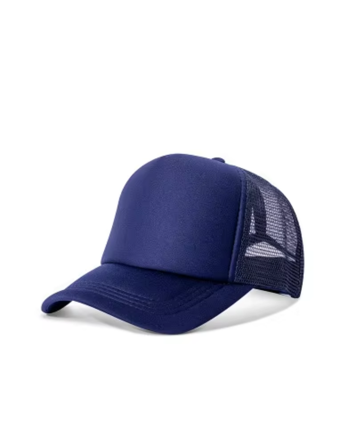 Navy blue trucker cap with mesh back on a white background