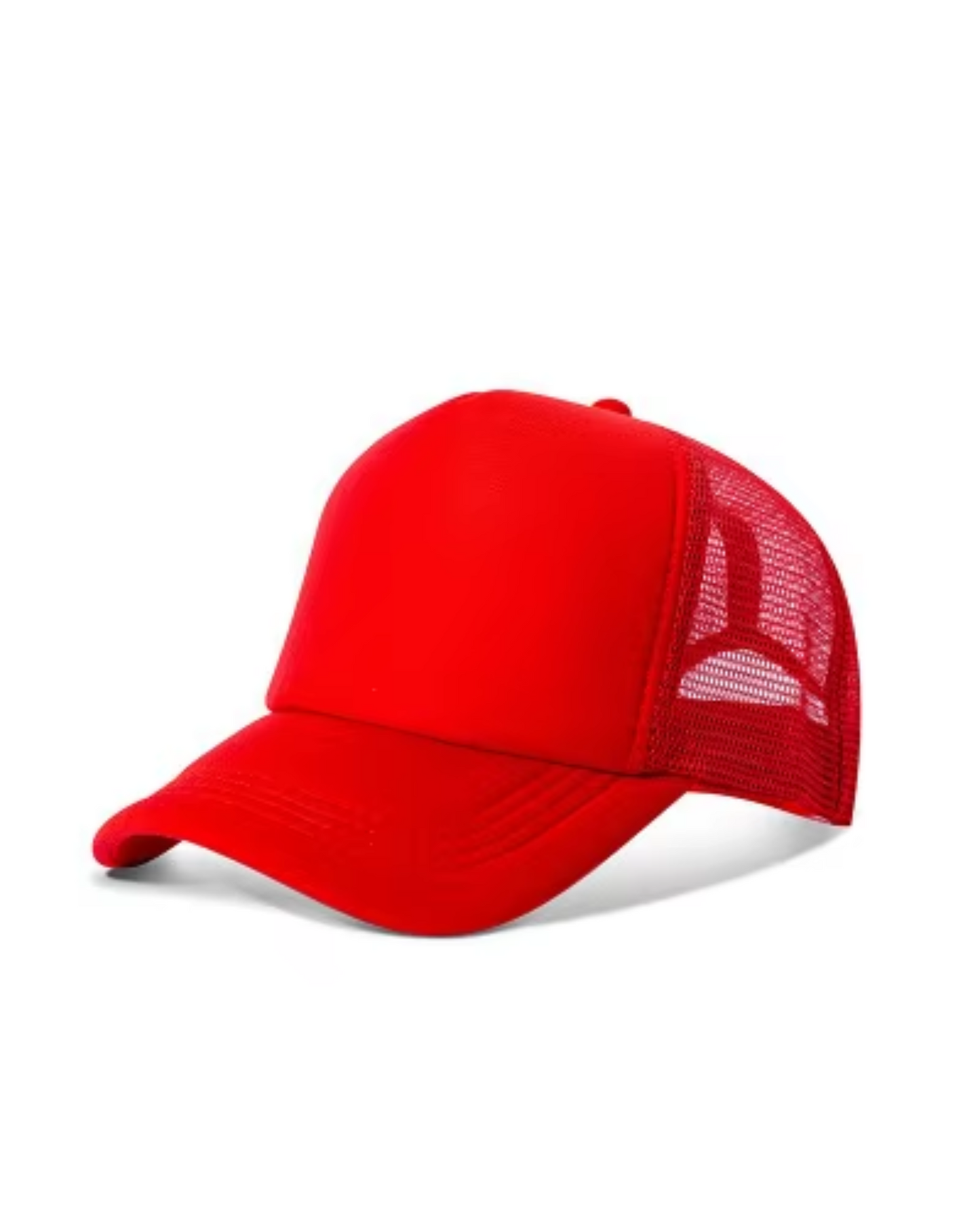 Red baseball cap with mesh back on a white background
