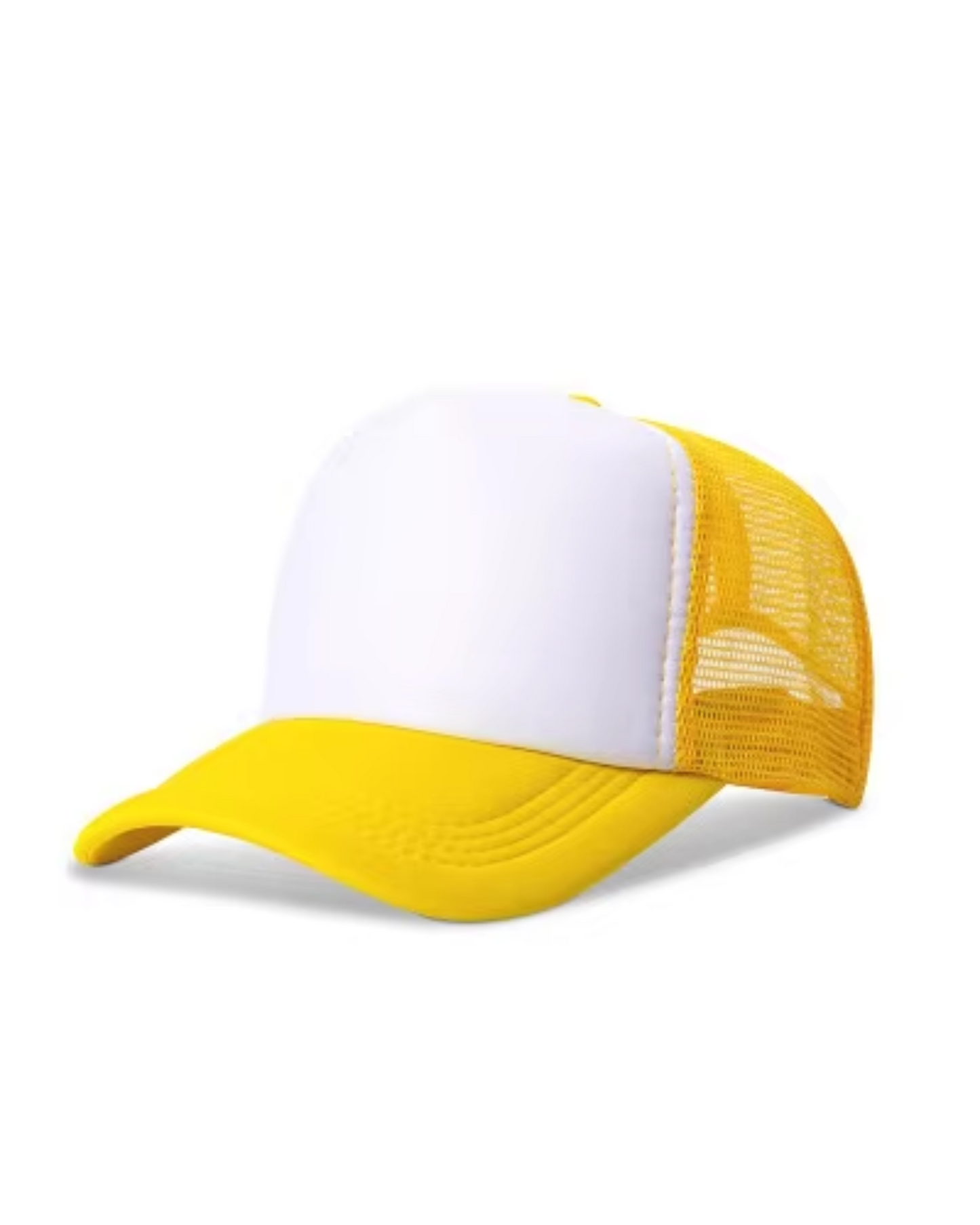 Yellow and white cap with mesh back on a white background