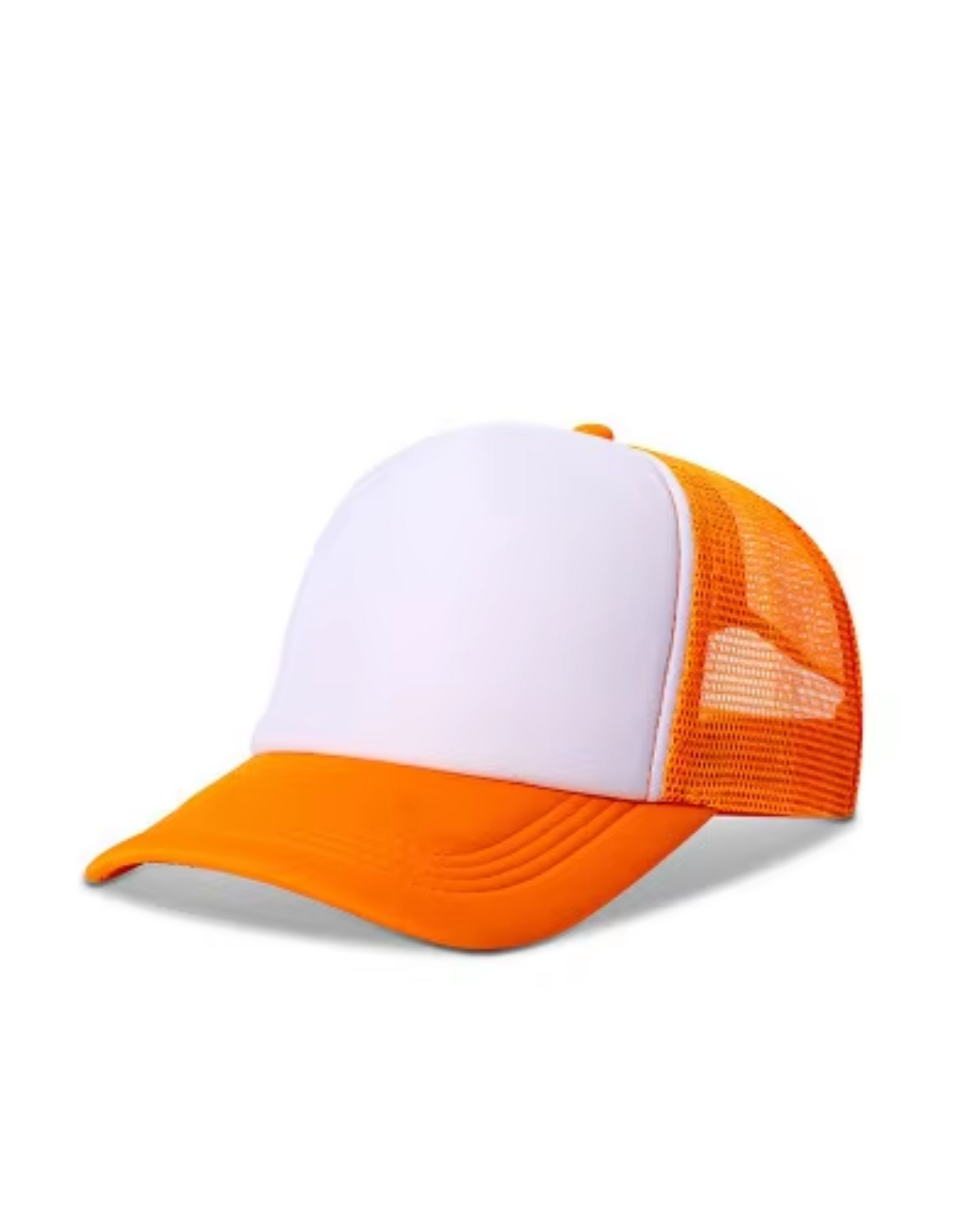 Orange and white cap with mesh back on a white background