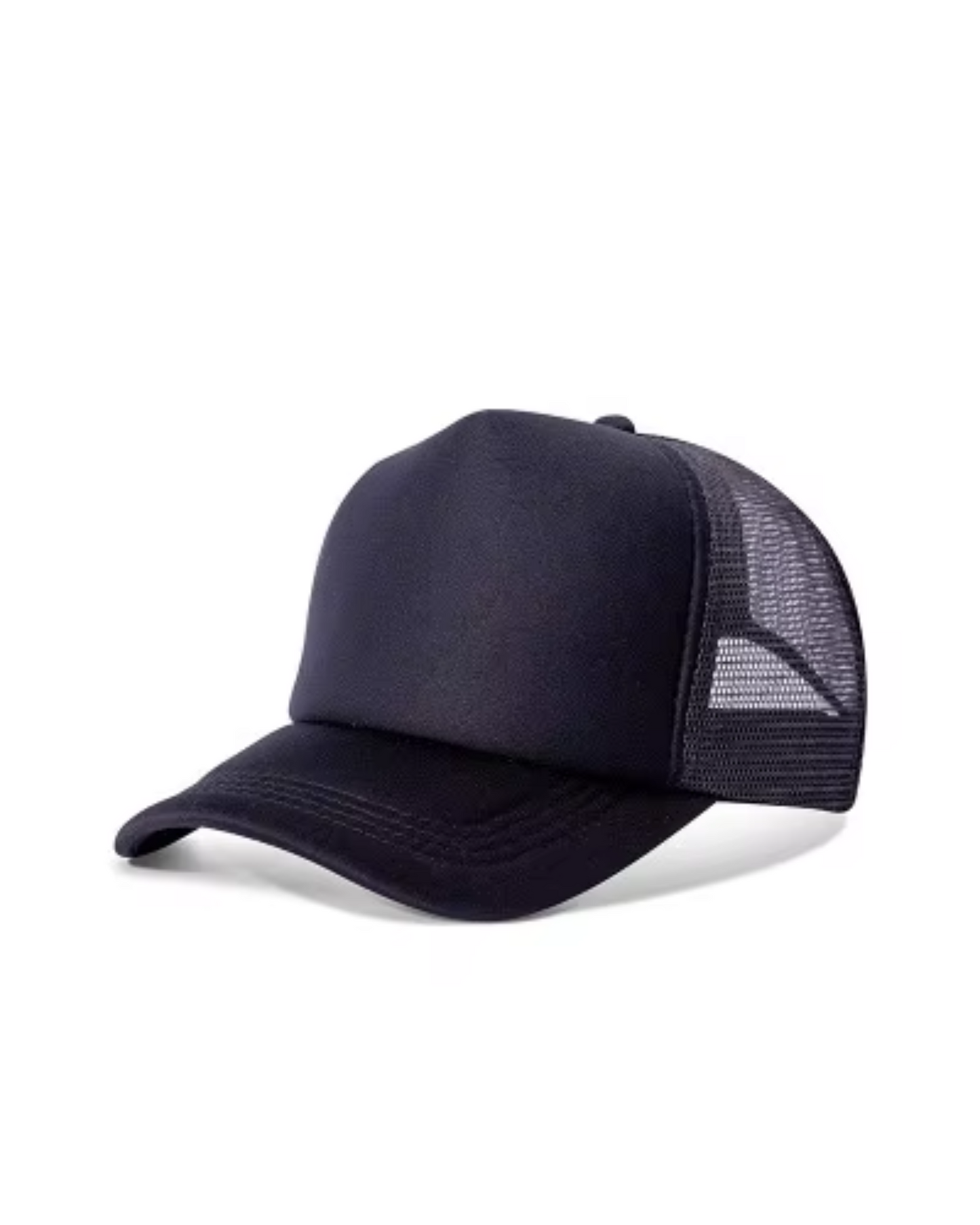 Black baseball cap with mesh back on a white background