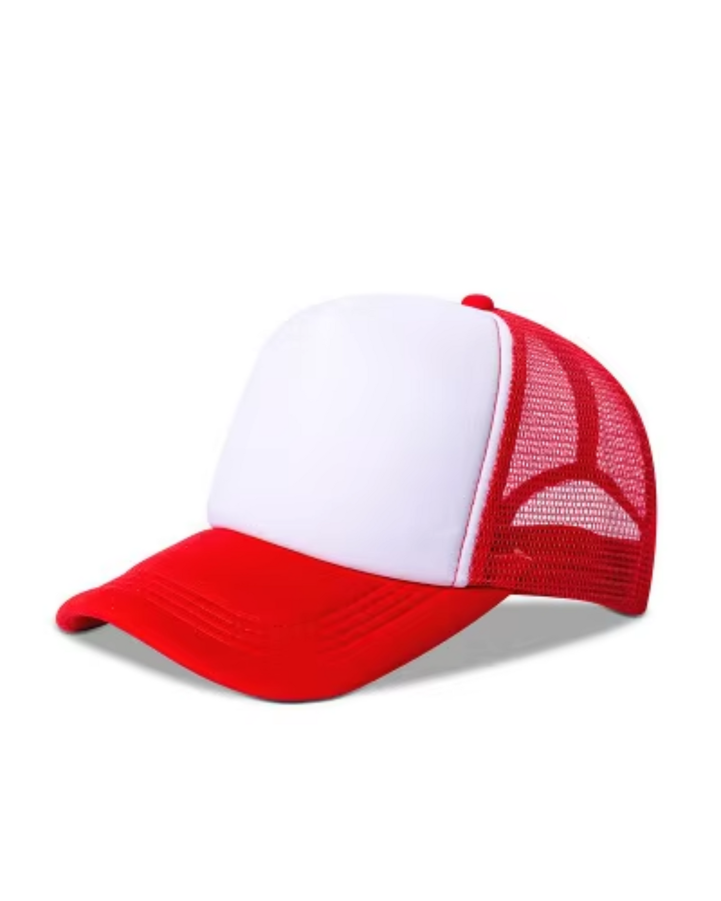 Red and white trucker cap on a white background