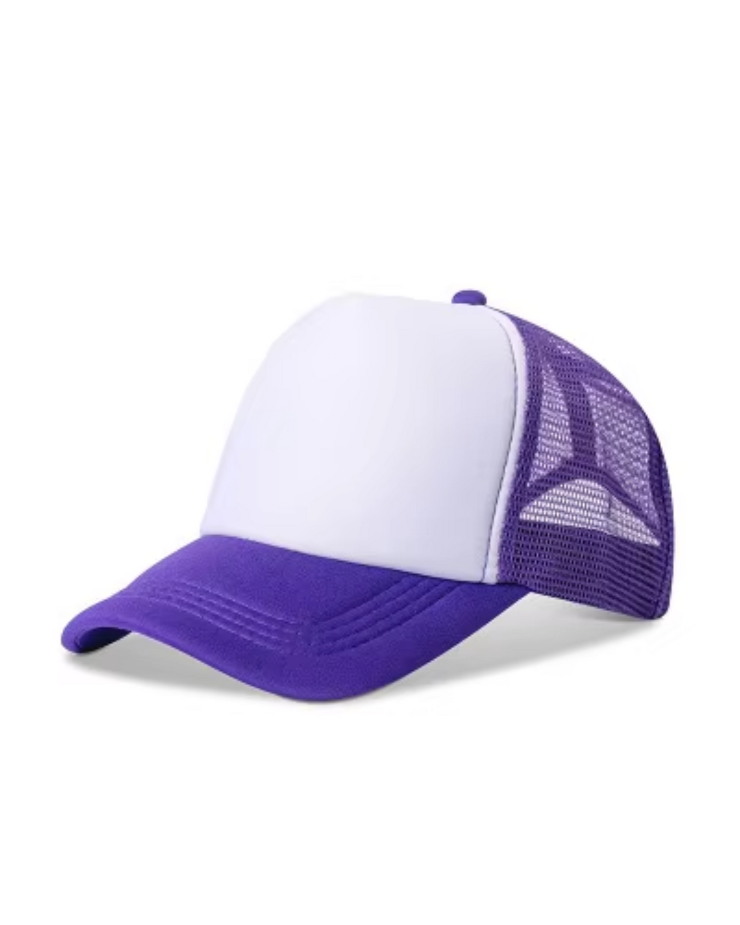 White and purple trucker cap on a white background