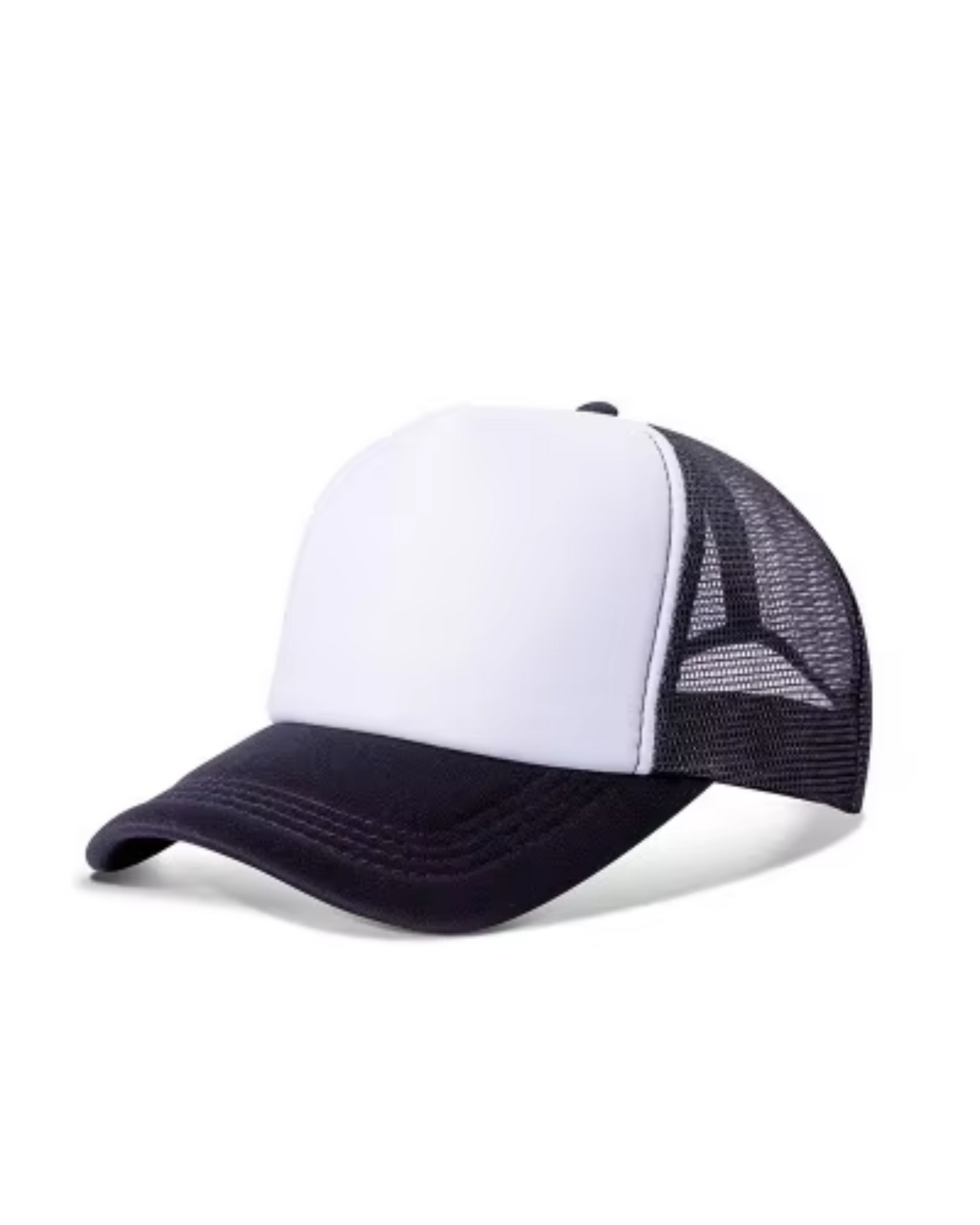 White and black cap with mesh back on a white background