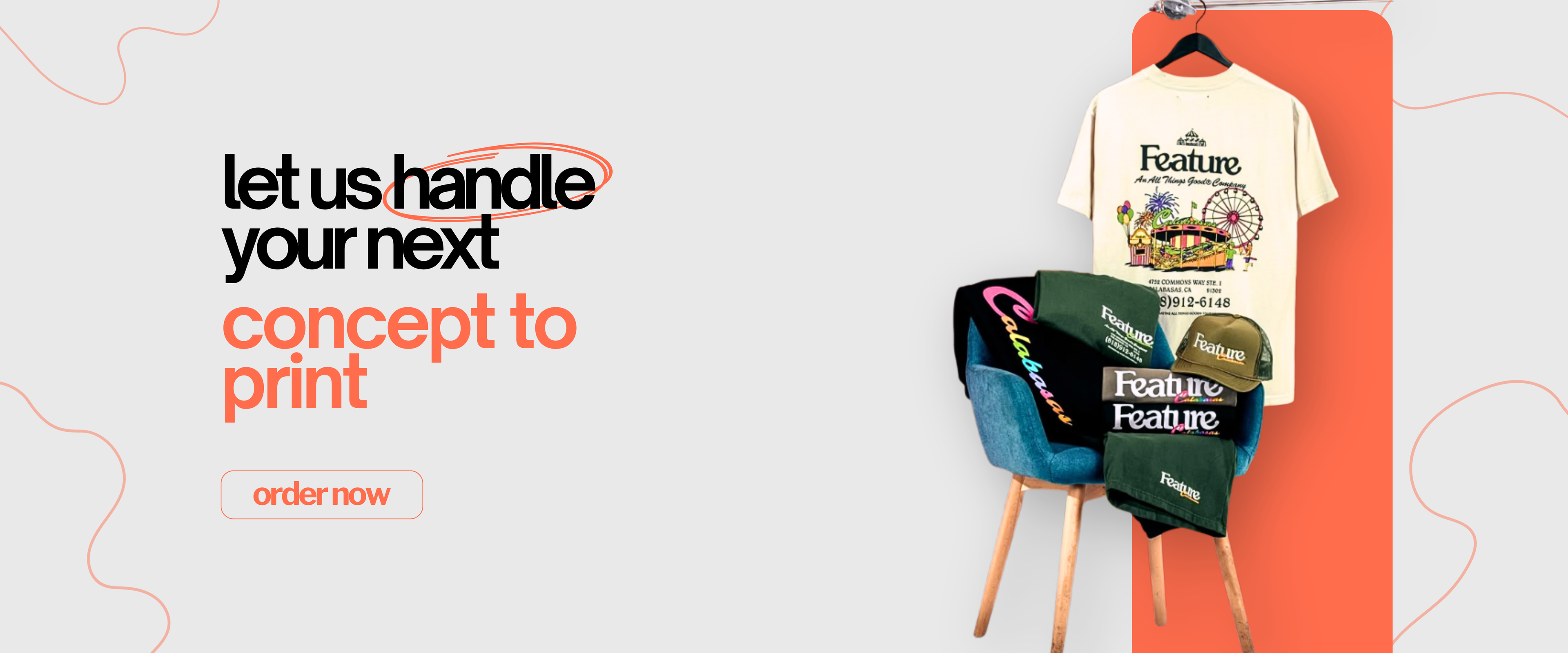 T-shirts with 'Feature' text on a stand against a white background with promotional text.