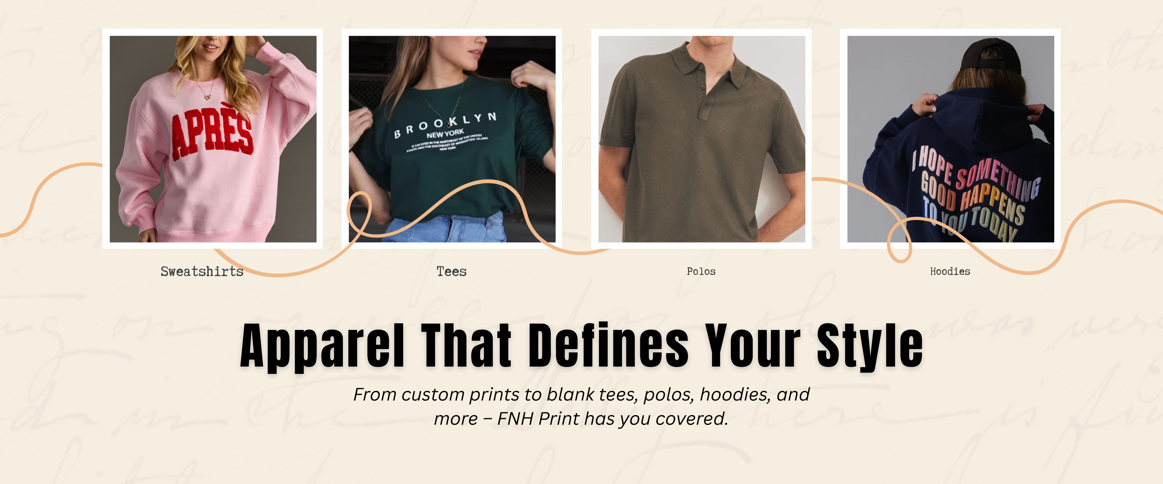 Promotional banner for customizable apparel with people wearing different shirts.