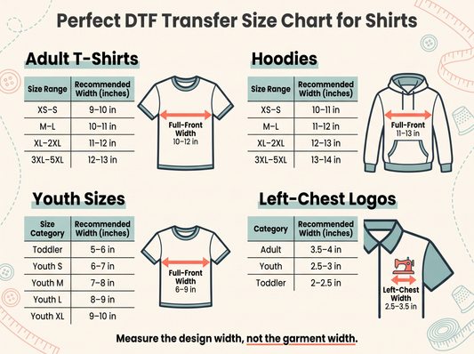 Perfect DTF Transfer Size Chart for Shirts: T-Shirts, Hoodies, Youth Sizes and Left-Chest Logos
