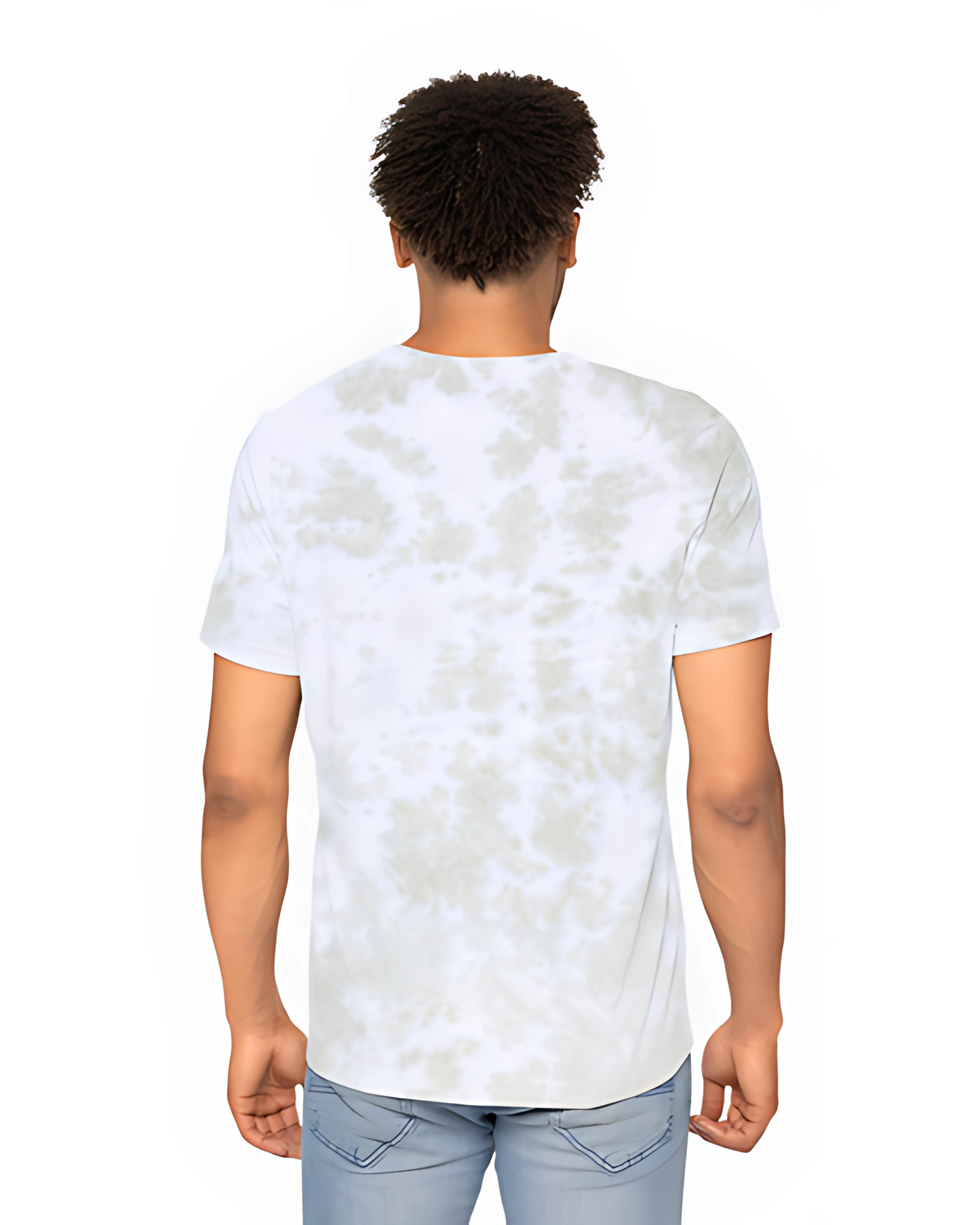 Person wearing a white tie-dye t-shirt on a white background