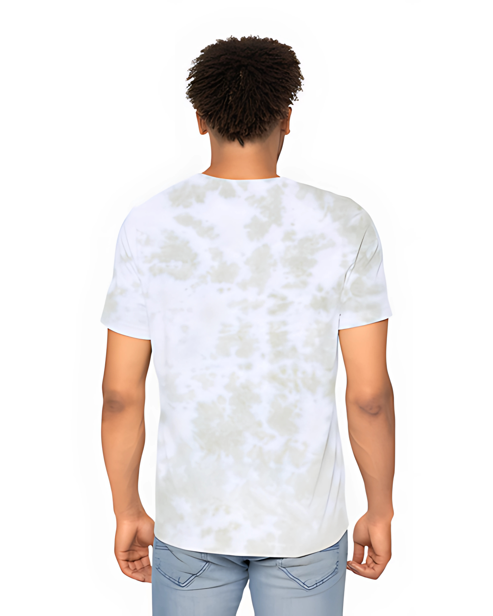 Person wearing a white tie-dye t-shirt on a white background