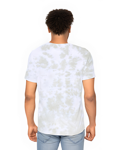 Person wearing a white tie-dye t-shirt on a white background