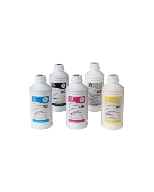 A set of six 1000ml bottles of Premium DTF ink in various colors, including white, cyan, magenta, yellow, and pink, arranged side by side against a plain background.