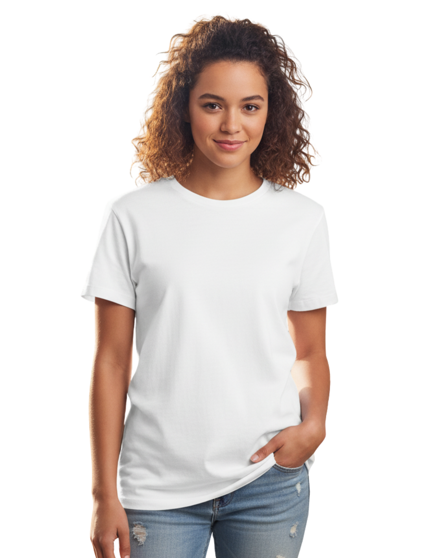 Person wearing a plain white t-shirt on a white background