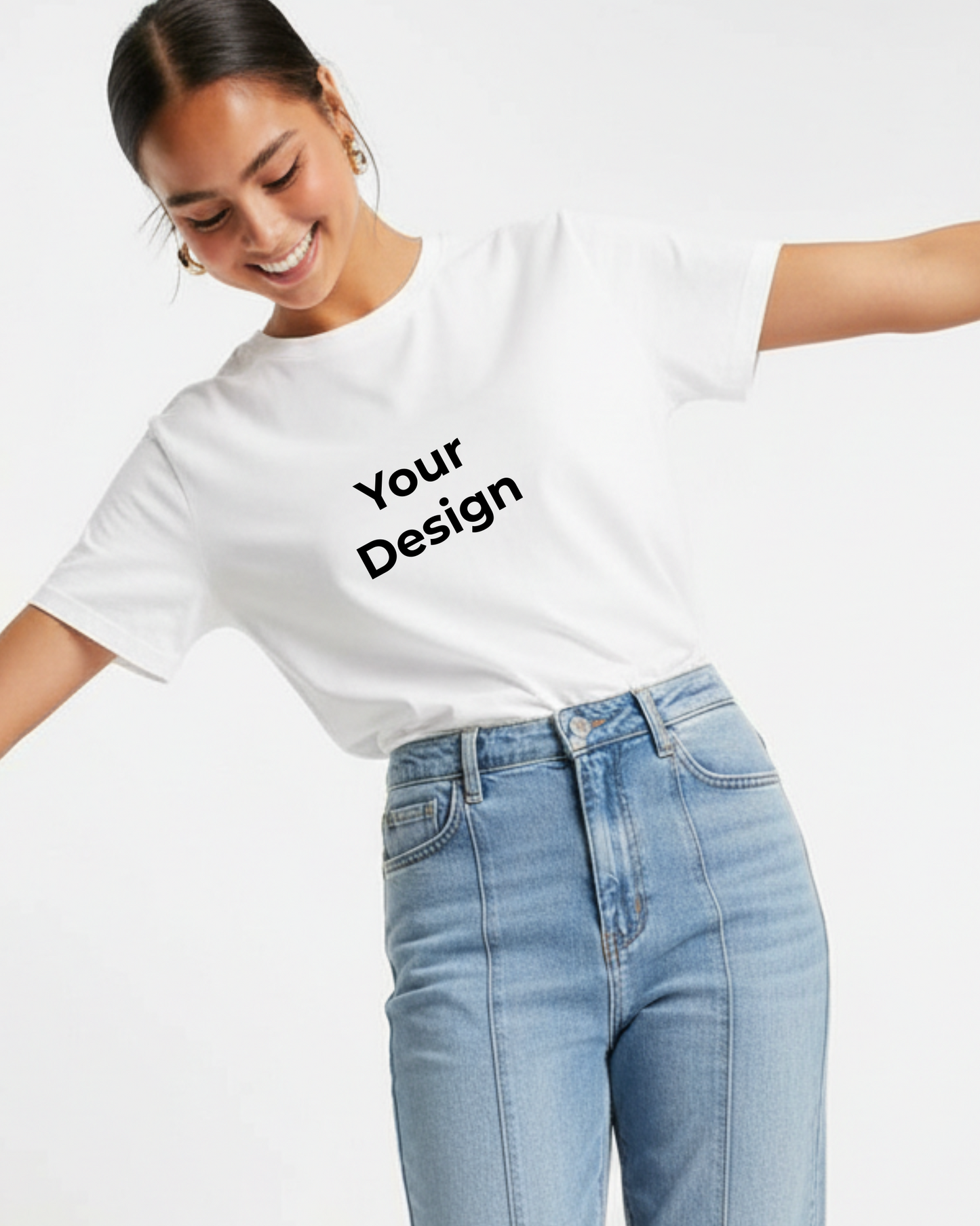 Person wearing a white t-shirt with 'Your Design' text and blue jeans on a plain background