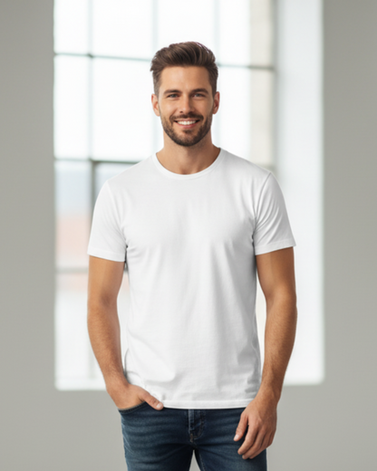 Man wearing a plain white t-shirt in a bright room