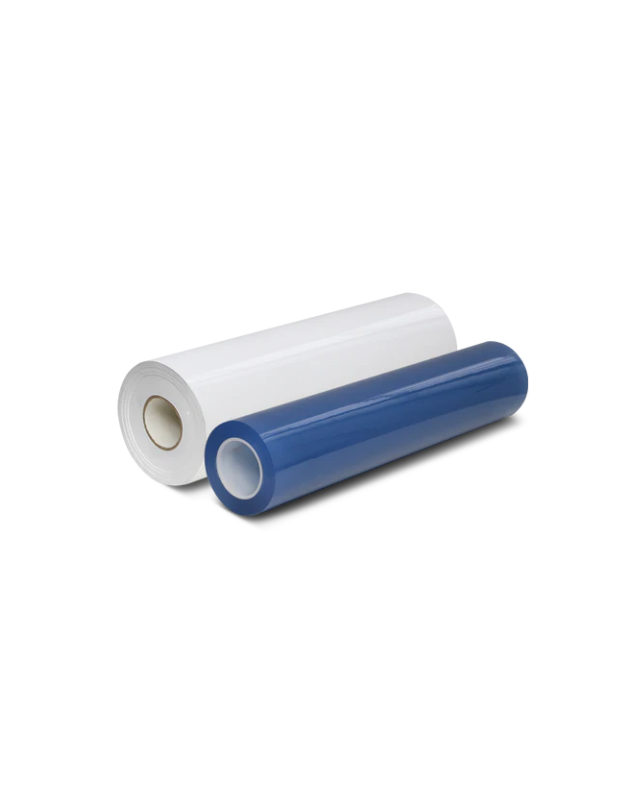 Two rolls of DTF transfer film, one white and one blue, coiled and placed next to each other against a white background.
