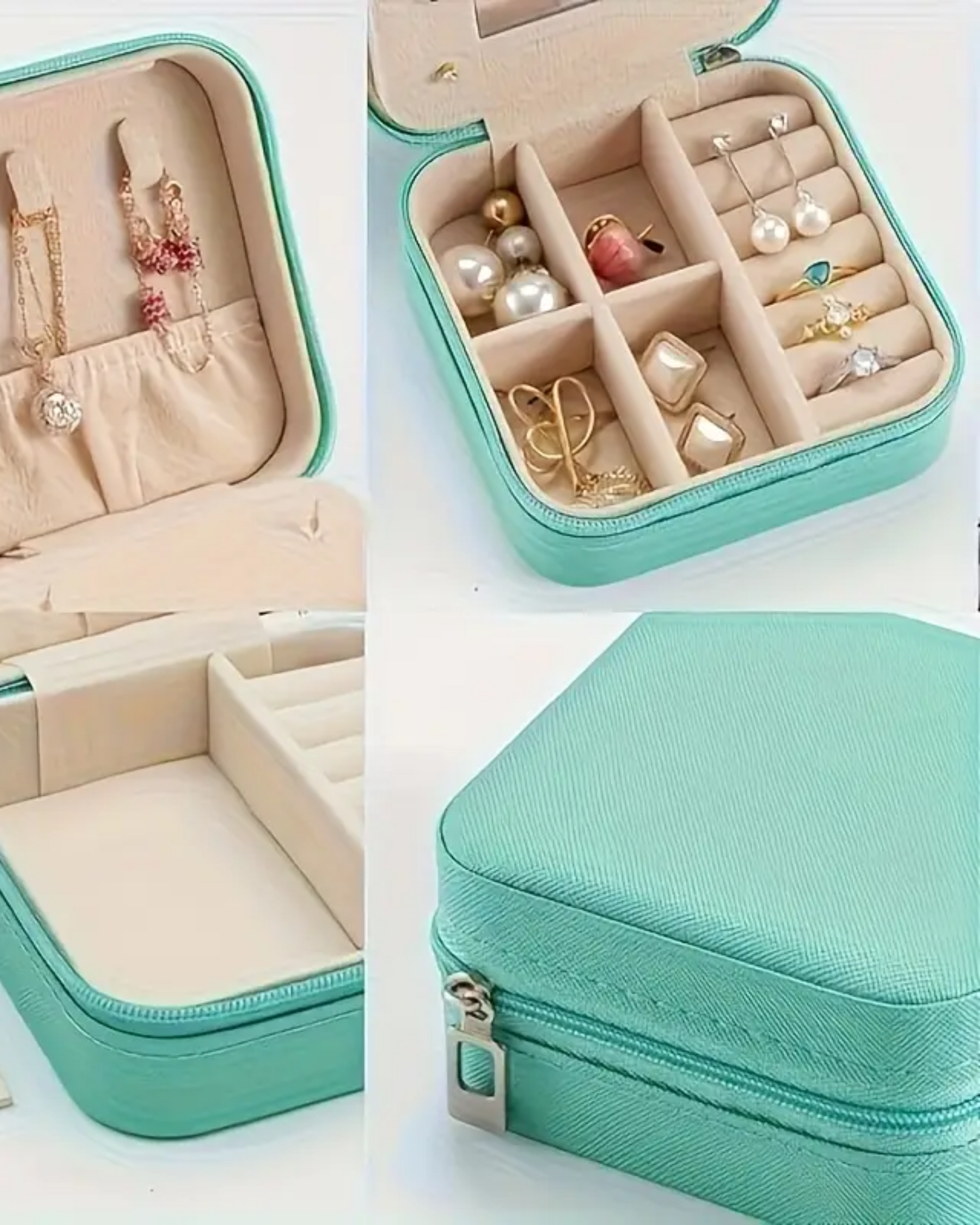 Teal jewelry case with compartments filled with earrings and necklaces on a white background