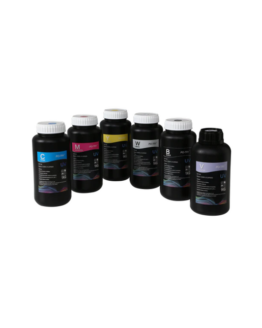 A set of six bottles of Premium UV DTF Ink in different colors, labeled for direct-to-film printing.